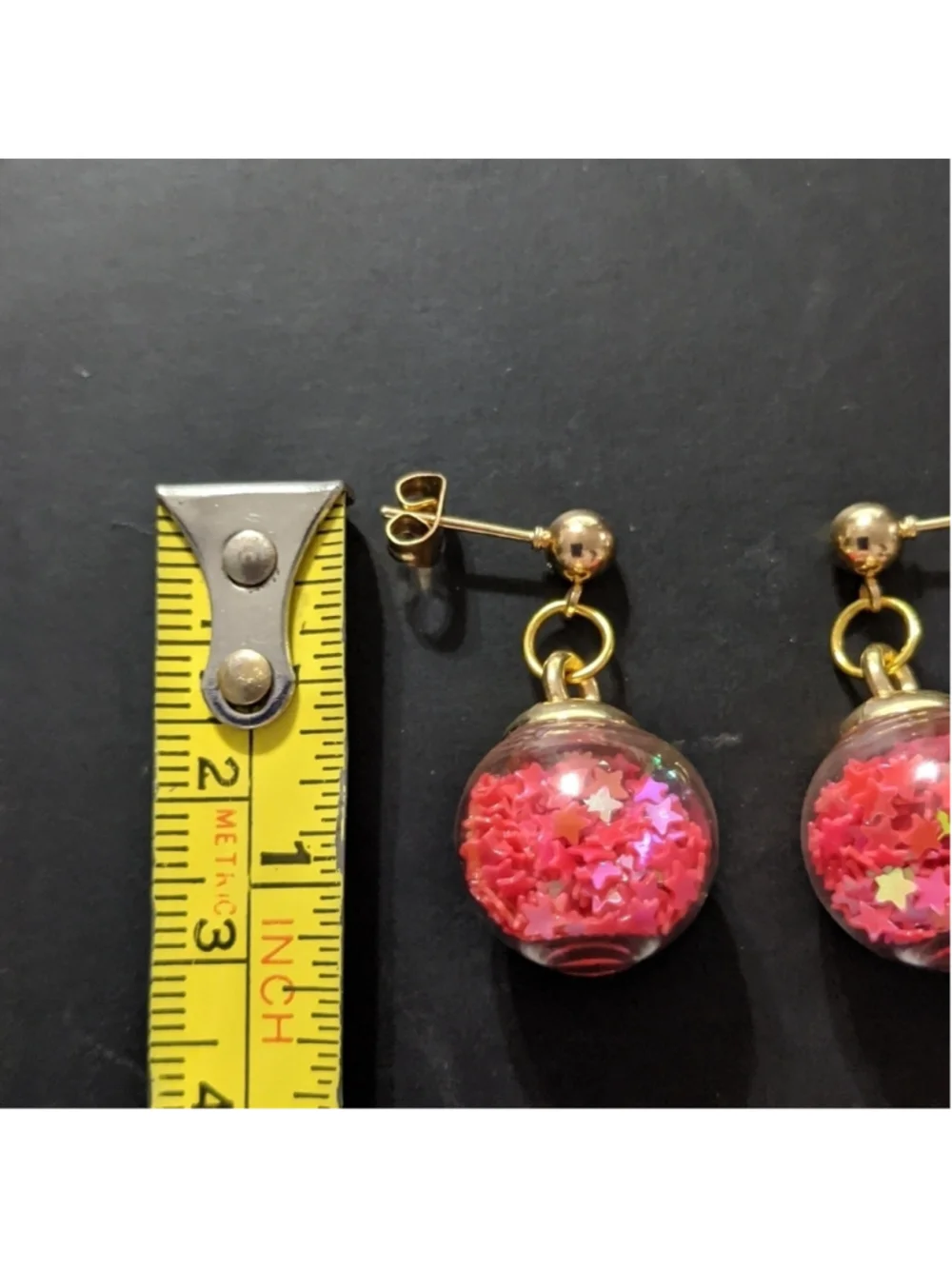 Gold Tone Coral Pink Iridescent Star Filled Balls Dangle Drop Statement Earrings